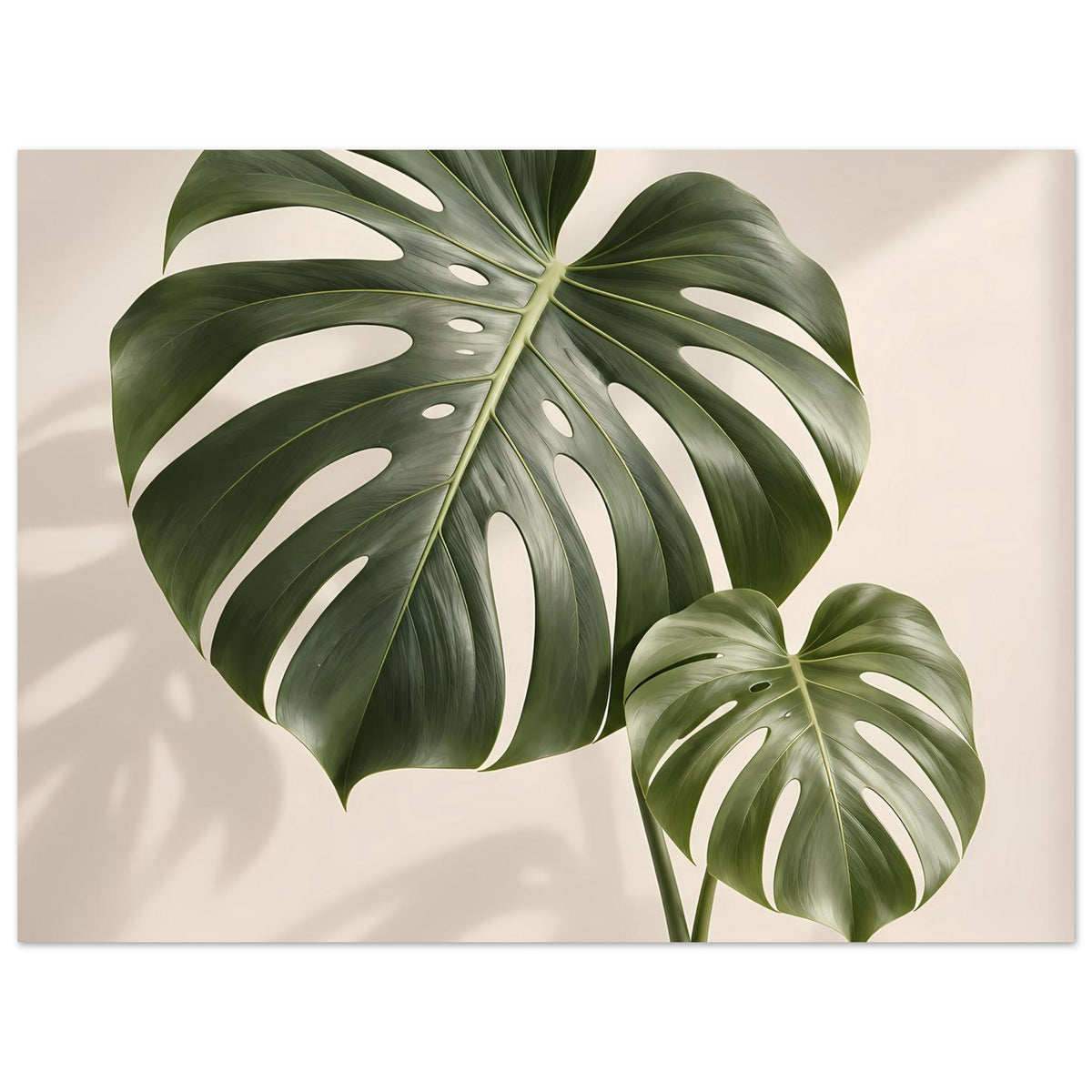 Monstera-Blattposter: großes Blatt oben links, zweites Blatt rechts unten, angeschnitten