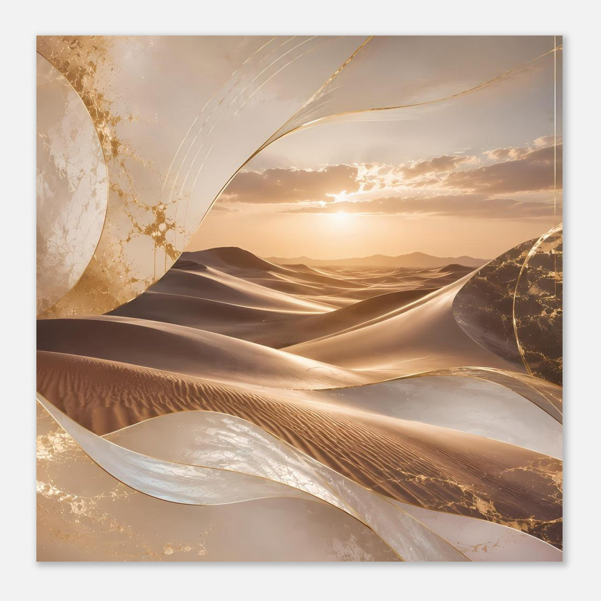 Poster im quadratischen Zuschnitt mit Wüstendünen, goldenen Linien und warmen Farbtönen