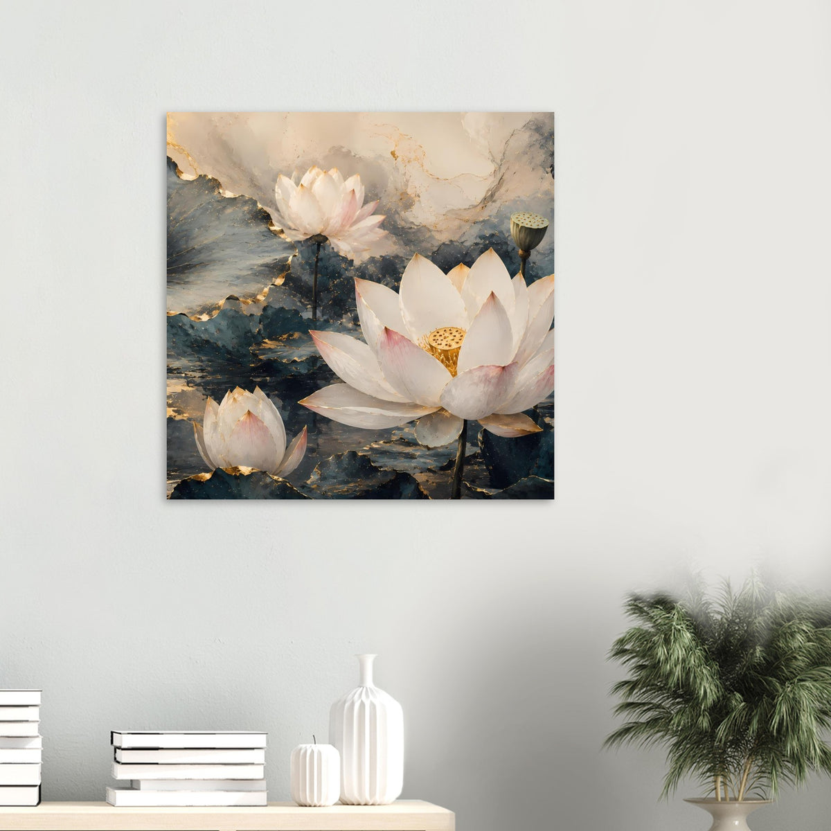 Lotusblumen-Poster mit goldenen Akzenten, quadratisch gerahmt, Blumen auf blau-grauem Hintergrund
