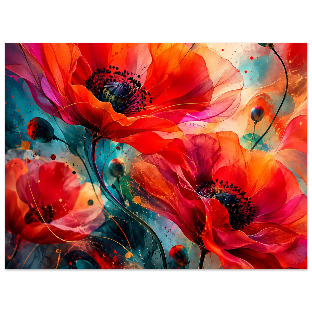 Blumenkunstposter, Nahansicht: rote Blüten mit schwarzen Staubkernen und bunte Farbspritzer