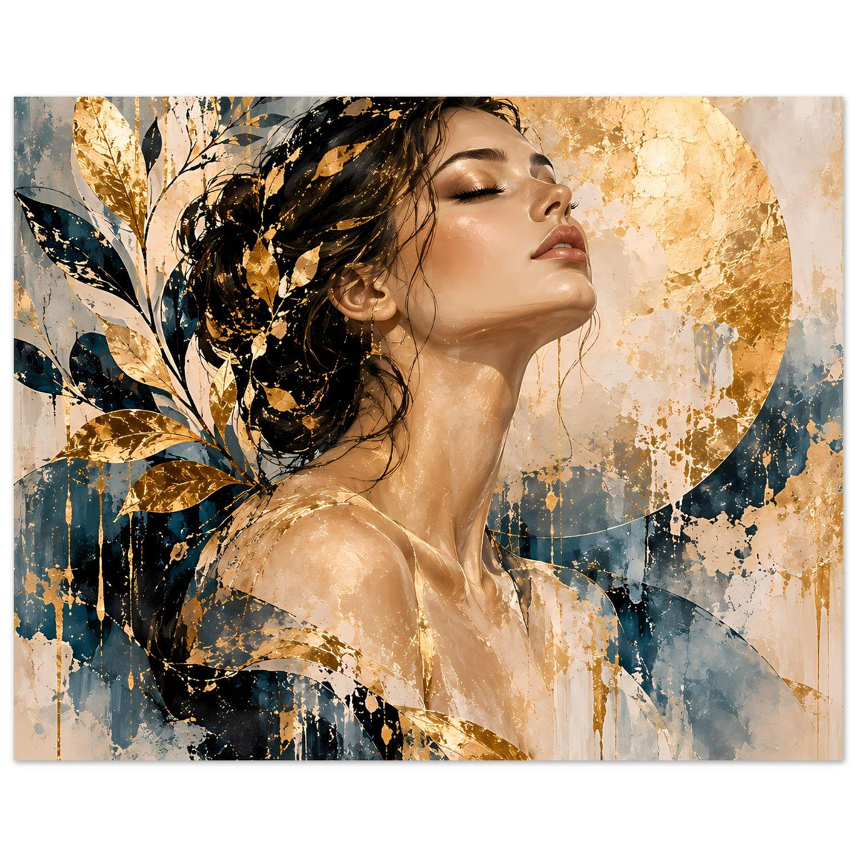 Kunst-Poster, breiter Bildausschnitt: Frau im Profil, goldener Kreis, blau-beige Hintergründe