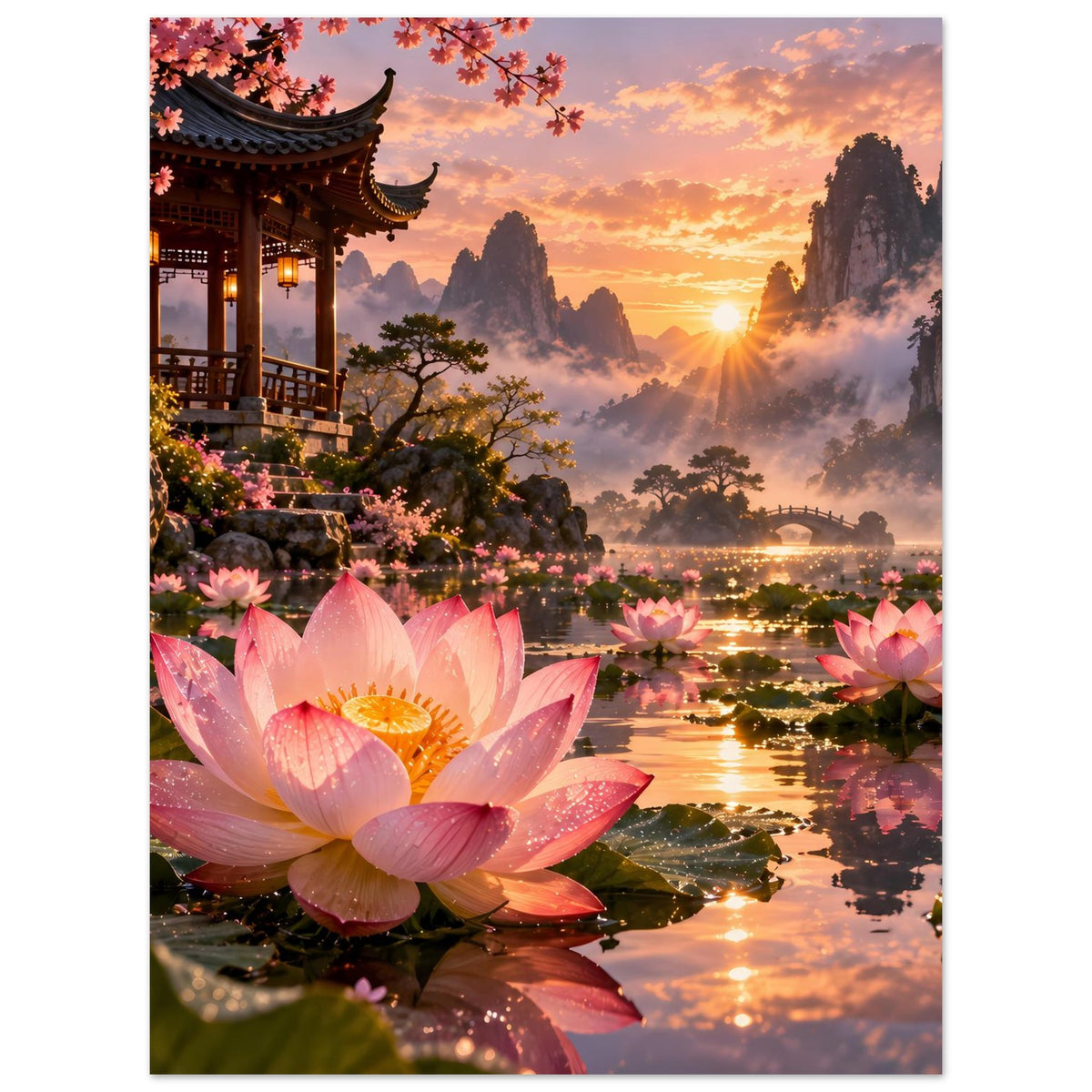 Poster im Hochformat: rosa Lotusblüte im Vordergrund, Pagode links, Sonne am Horizont