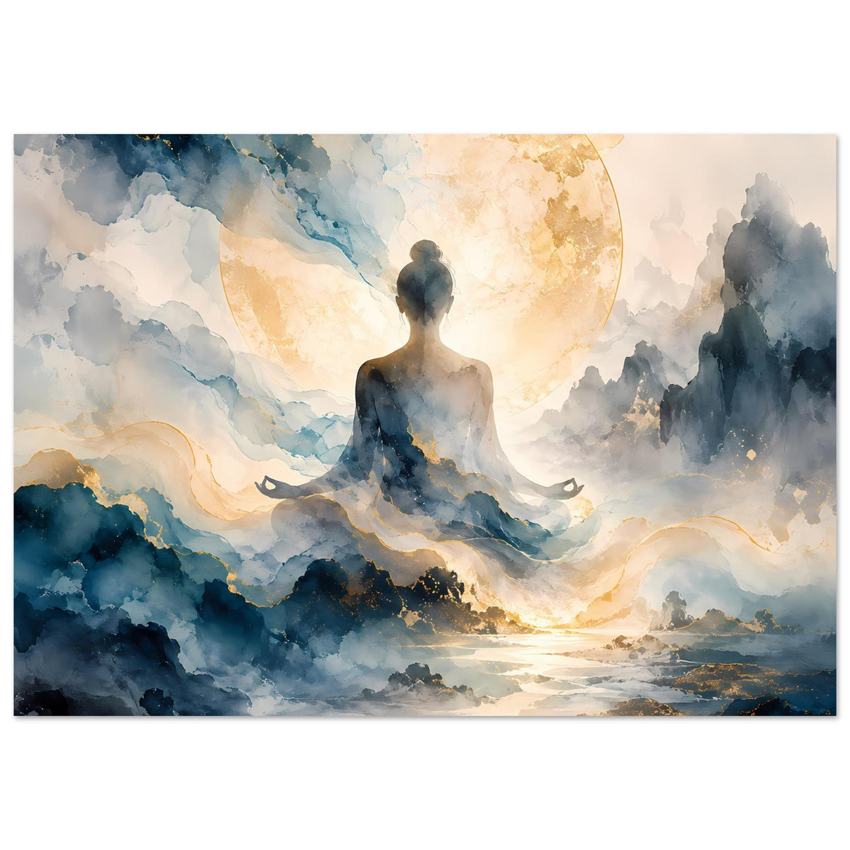 Abstraktes Zen-Poster: Meditationsfigur im Wolkennebel, goldener Kreis, Blautöne