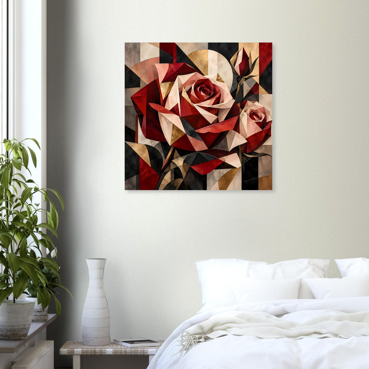 Blumenposter mit geometrischer Rose in Rot, Gold und Beige