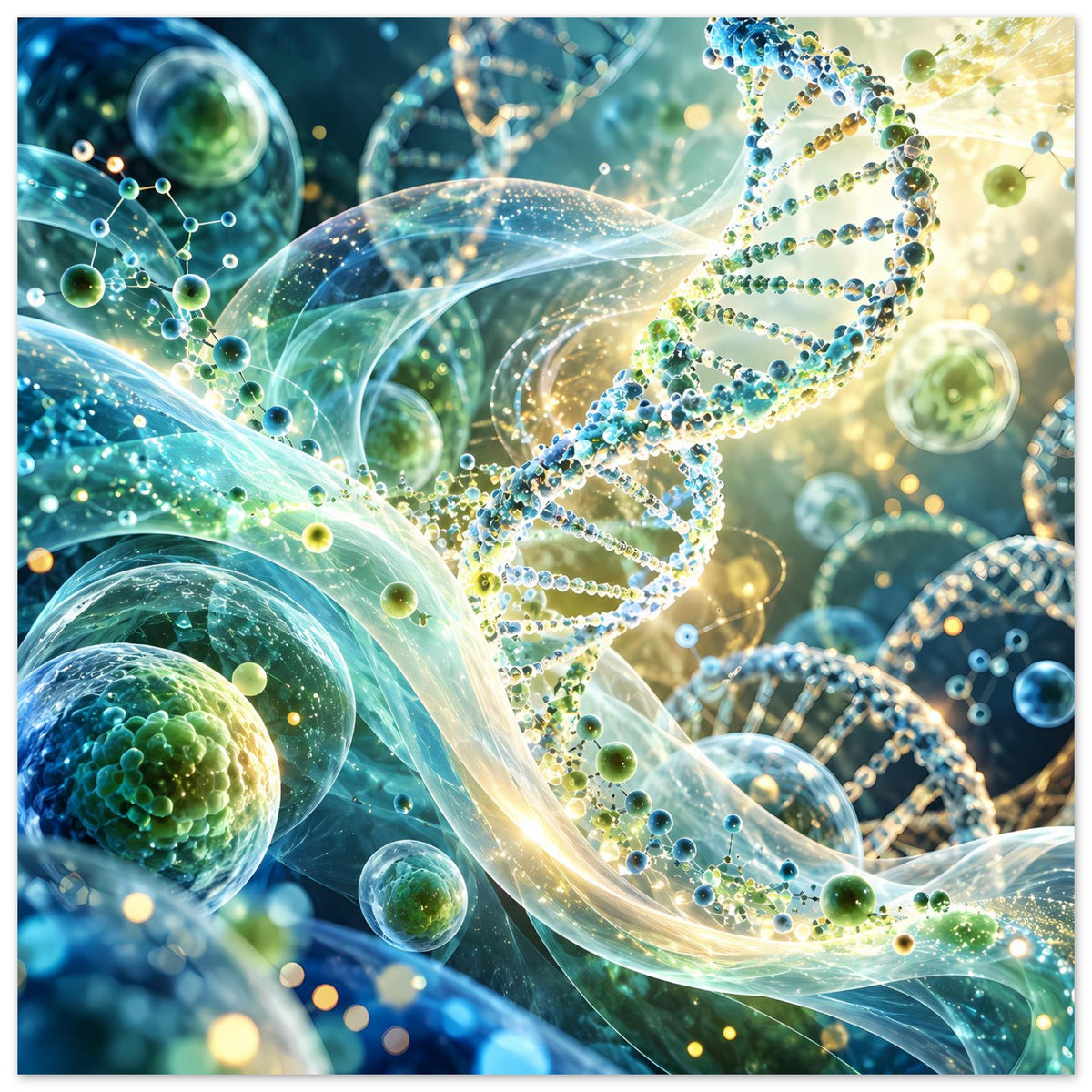 Biotechnologie-Poster mit DNA-Doppelhelix-Motiv, grün-blauen Kugeln und feinen Verbindungsringen