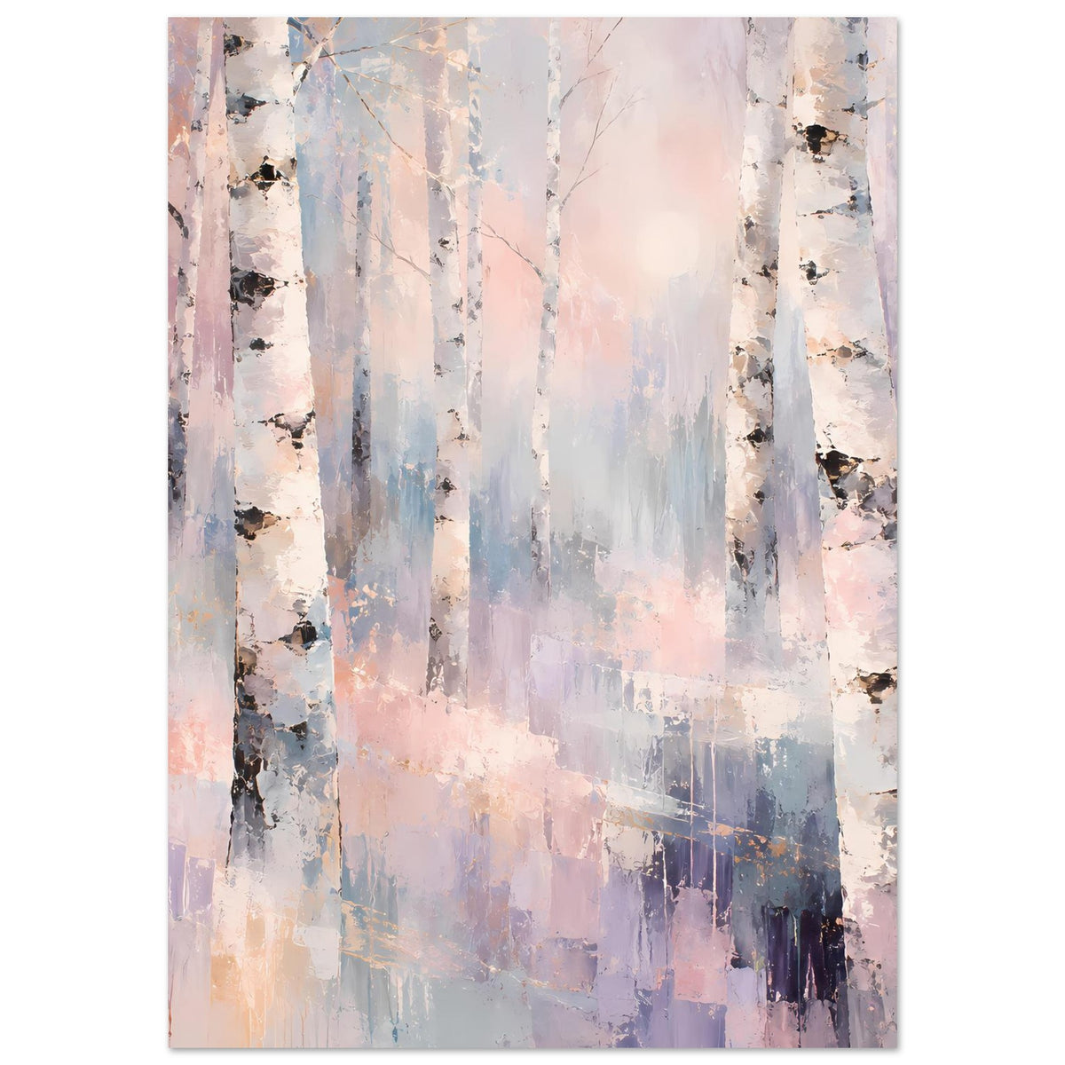 Vertikales Naturposter Birkenwald in zartem Pastell, helle Baumstämme mit dunkler Rinde.