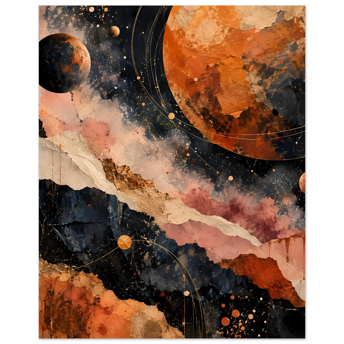 Abstraktes Kosmos-Landschafts-Poster (hochkant) mit warmen Erdtönen, Planeten und Ringen.