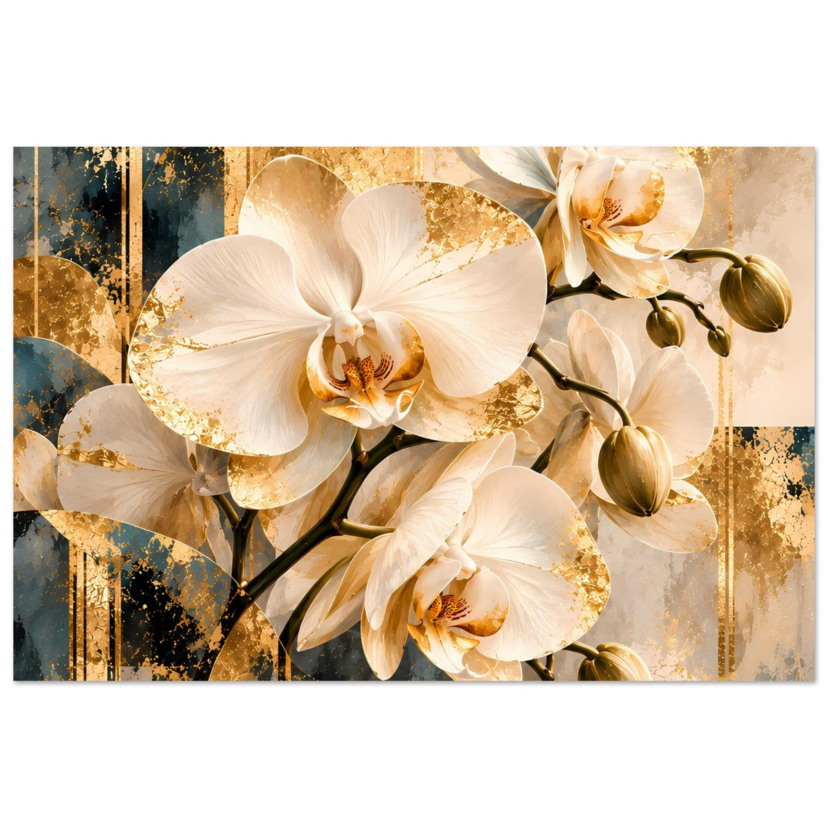 Orchideen-Poster mit weißen Blüten, goldene Akzente und dunkelgrüne Blattstiele