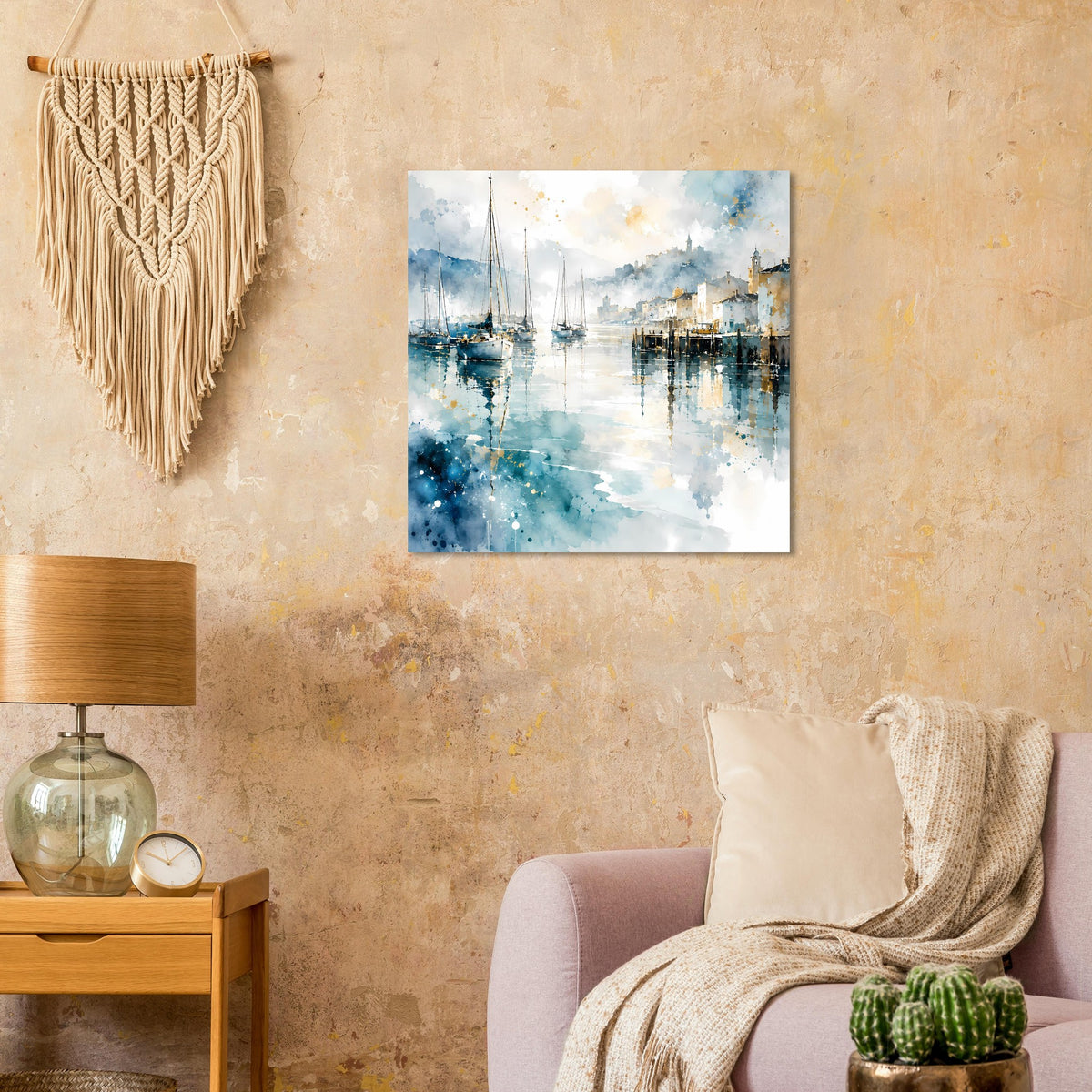 Aquarellposter: Segelboote im Hafen mit blauen Reflexionen auf ruhigem Wasser