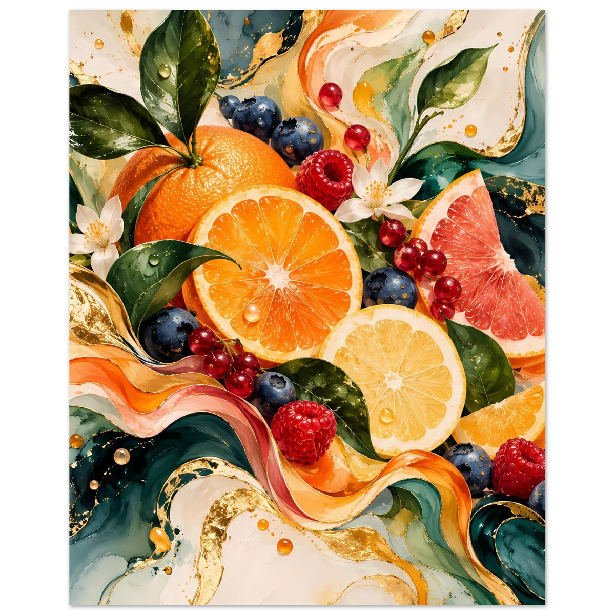 Rechteckiges Poster: Orangen, Grapefruit und Zitronen mit Beeren, Blättern und goldenen Spritzern