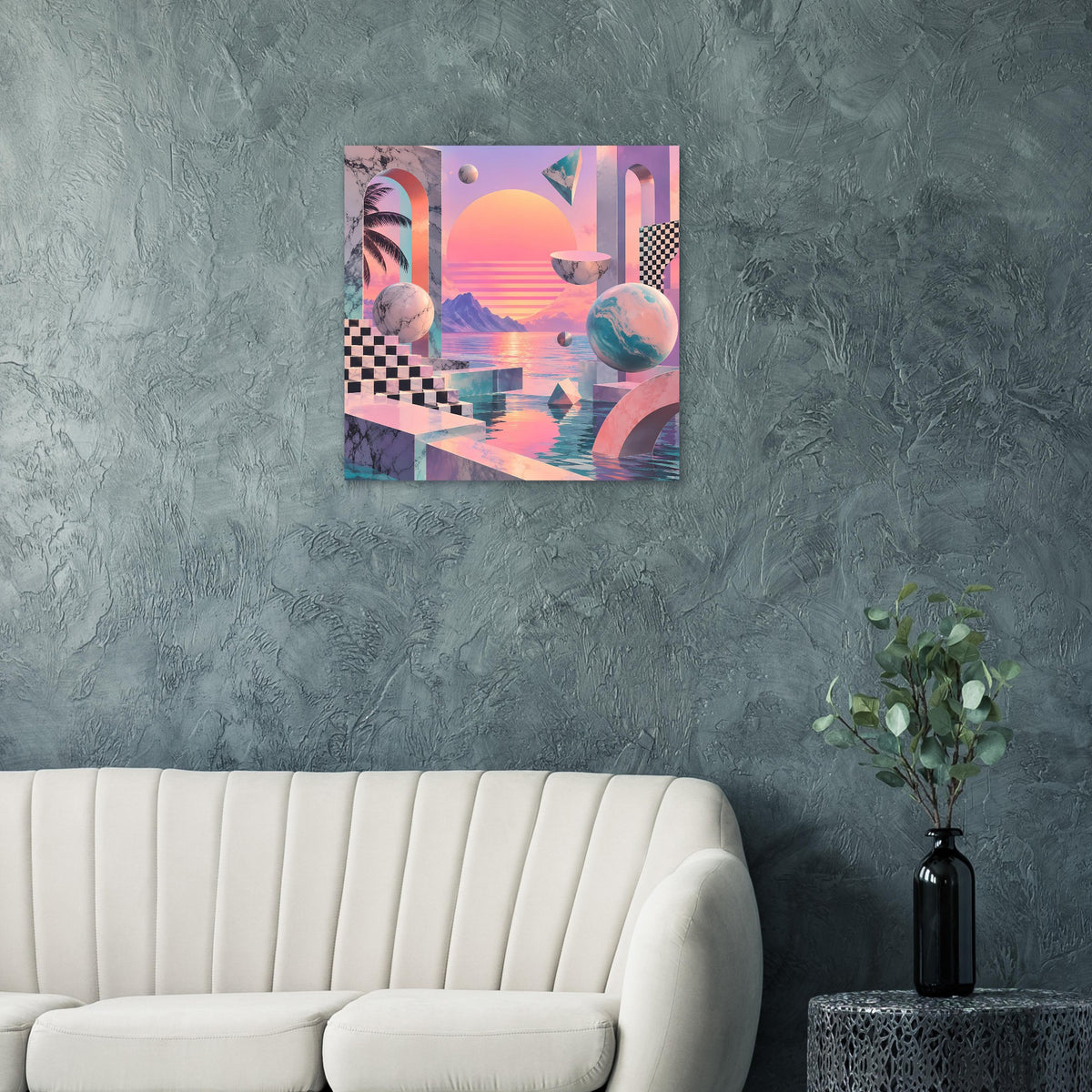 Quadratisches Poster mit Sonnenuntergang im Surreal-Stil: geometrische Formen und Pastelltöne