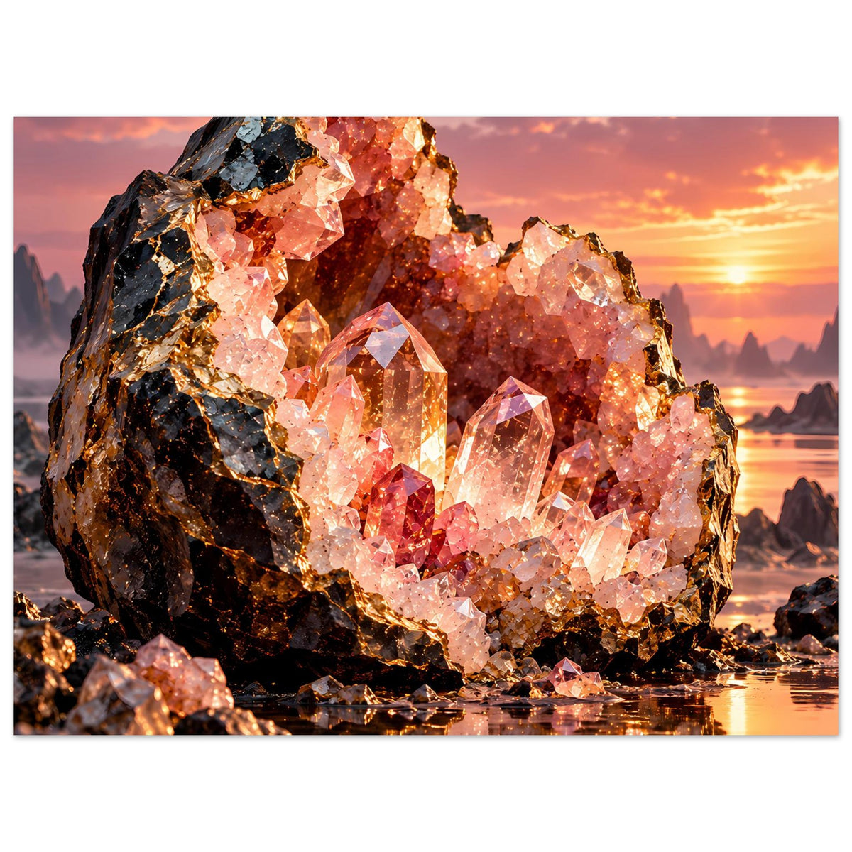 Poster mit Kristallgeode im Querformat: rosa Kristalle auf schwarzem Gestein, breiter weißer Rand