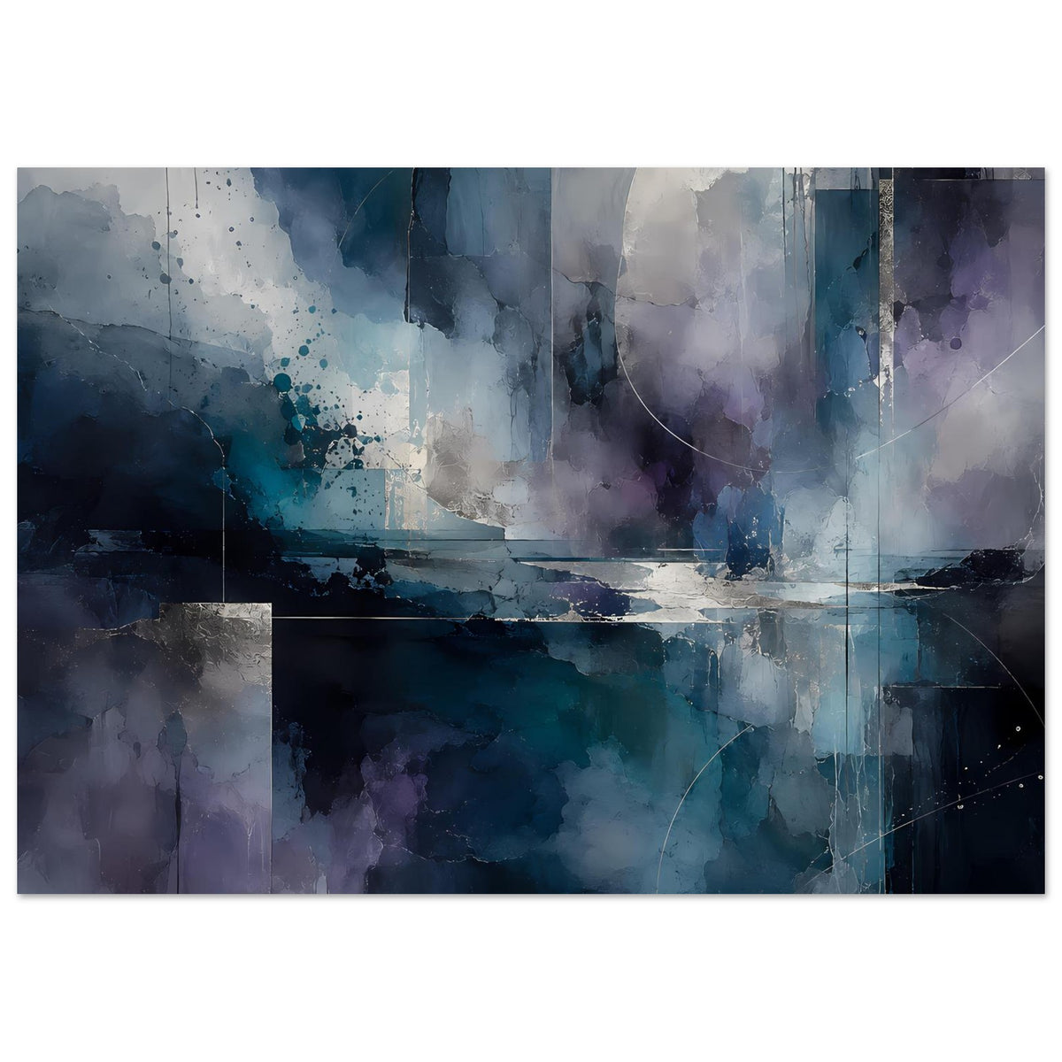 Abstraktes Kunstposter, horizontal: Blau‑Violett-Muster mit Sprenkeln und durchlaufender Linie