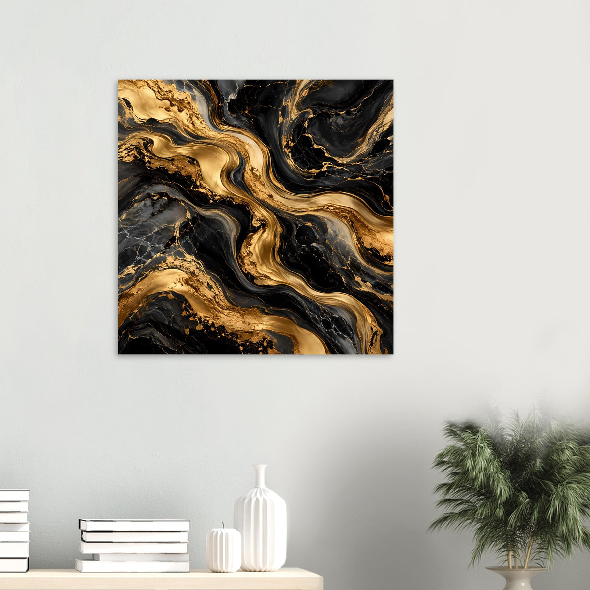 Quadratisches Poster mit abstraktem Goldmarmor: goldene Adern auf schwarzem Grund.