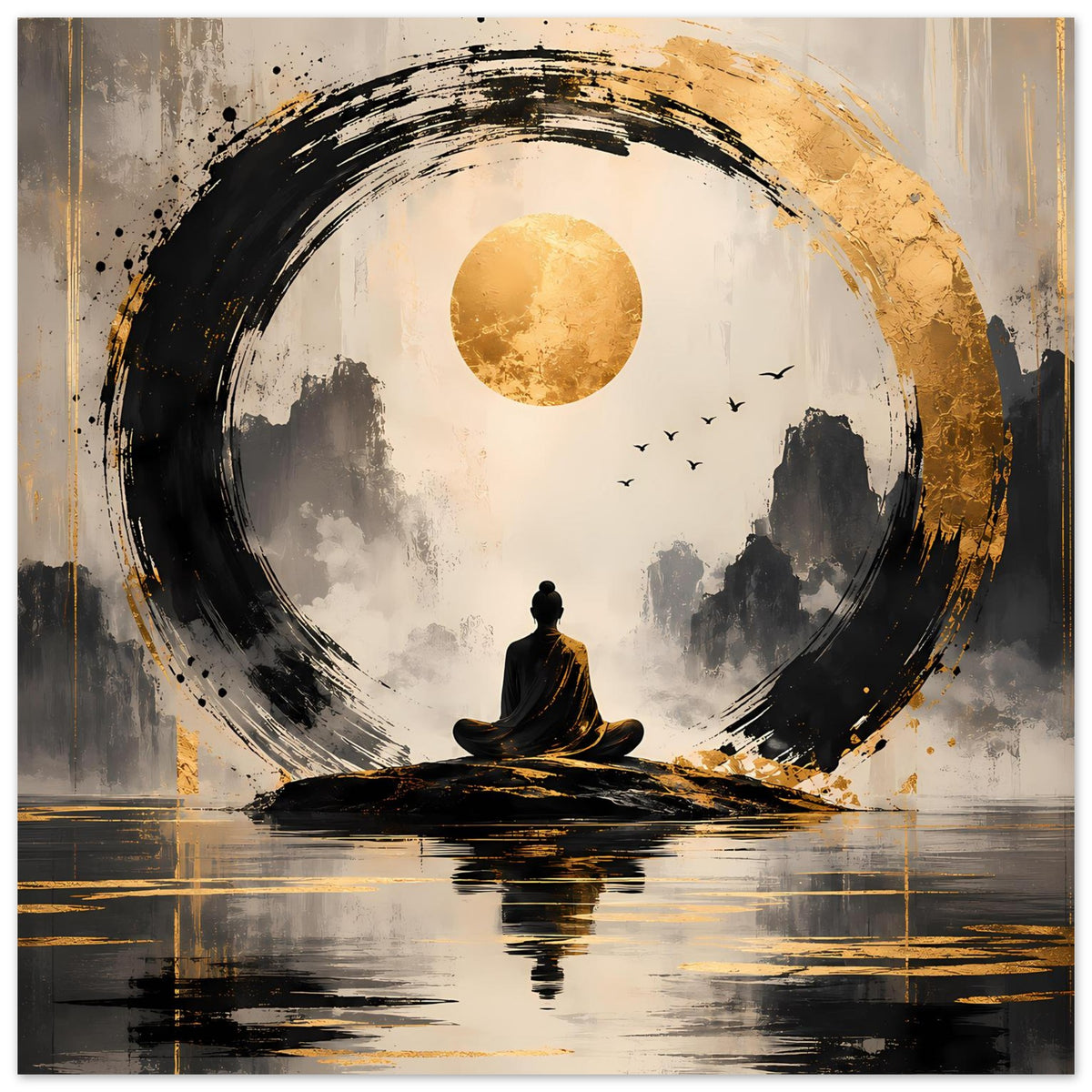 Quadratisches Poster mit Meditationsfigur, goldener Sonne, schwarzem Pinselkreis und Reflexion