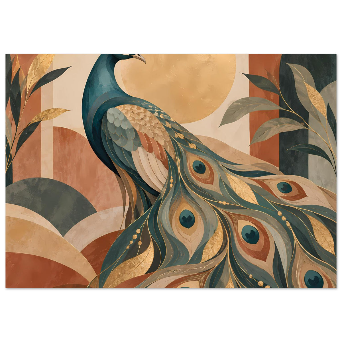 Pfau-Poster mit großem Pfauenfächer und goldenen Akzentlinien, warmes Farbdesign