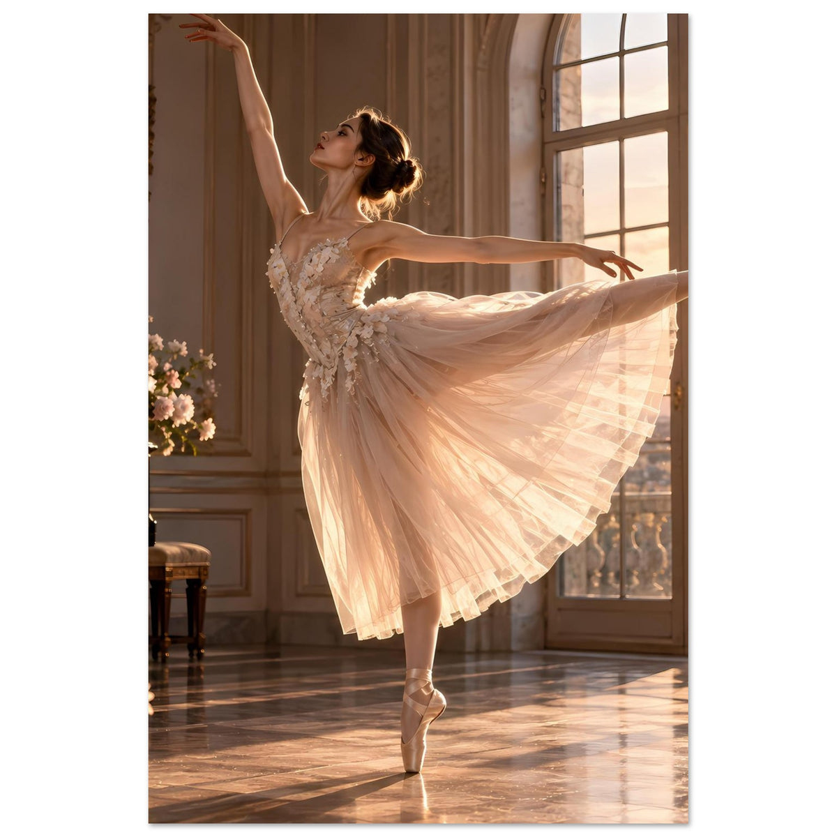 Poster: Ballerina im hellen Tüllkleid, Drehhaltung, geschwungener Rock, Arme nach oben