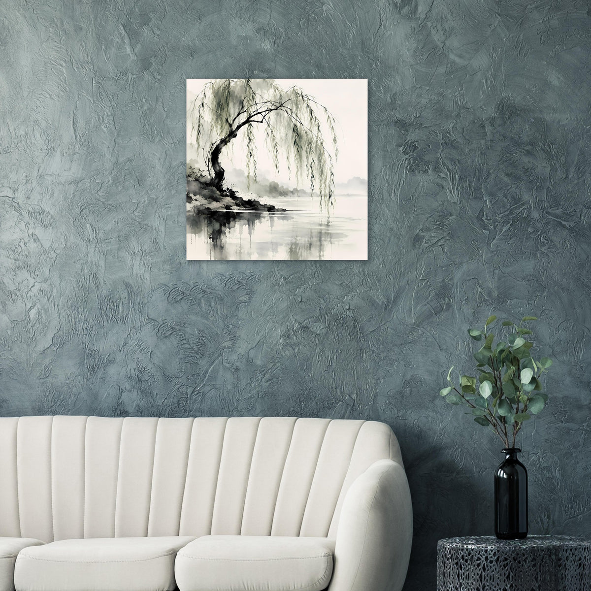 Naturposter mit Weidenbaum, hängenden Zweigen und spiegelnder Wasserfläche, Grau-Grün