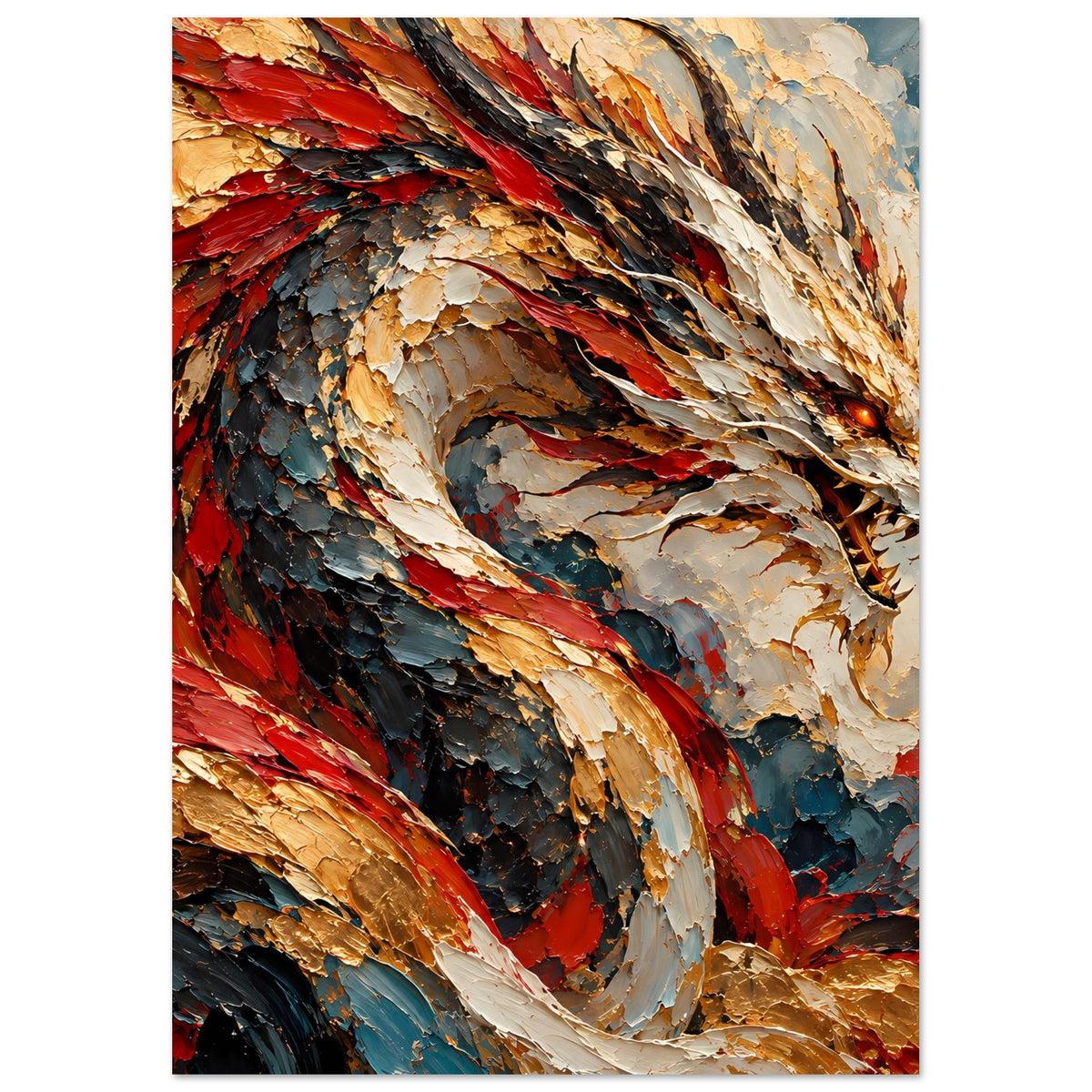 Fantasy-Poster im Hochformat: Drache mit roten und goldenen Flügeln, dynamische Pose