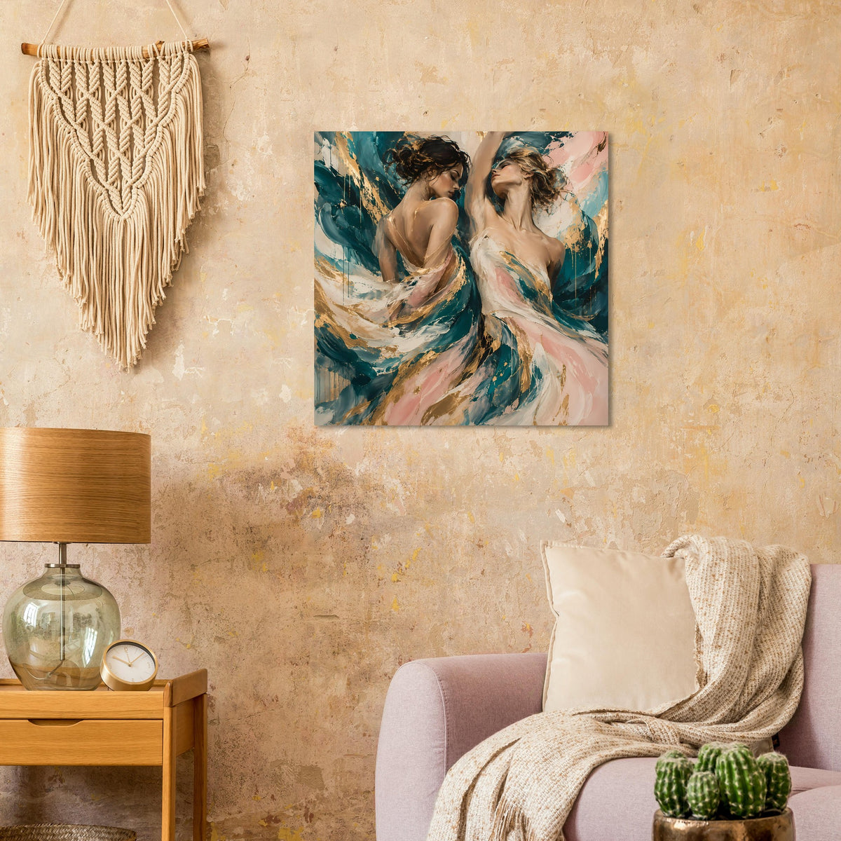 Querformat-Poster mit zwei Tänzerinnen in wallenden Kleidern, abstraktes Farbspiel in Blau, Grün und Rosa