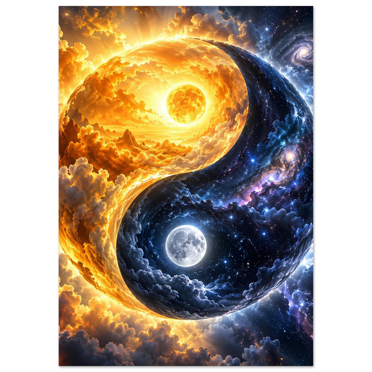 Yin-Yang-Kosmos-Kunstposter: zwei Planeten im Yin-Yang-Stil, goldener Kern und Mond