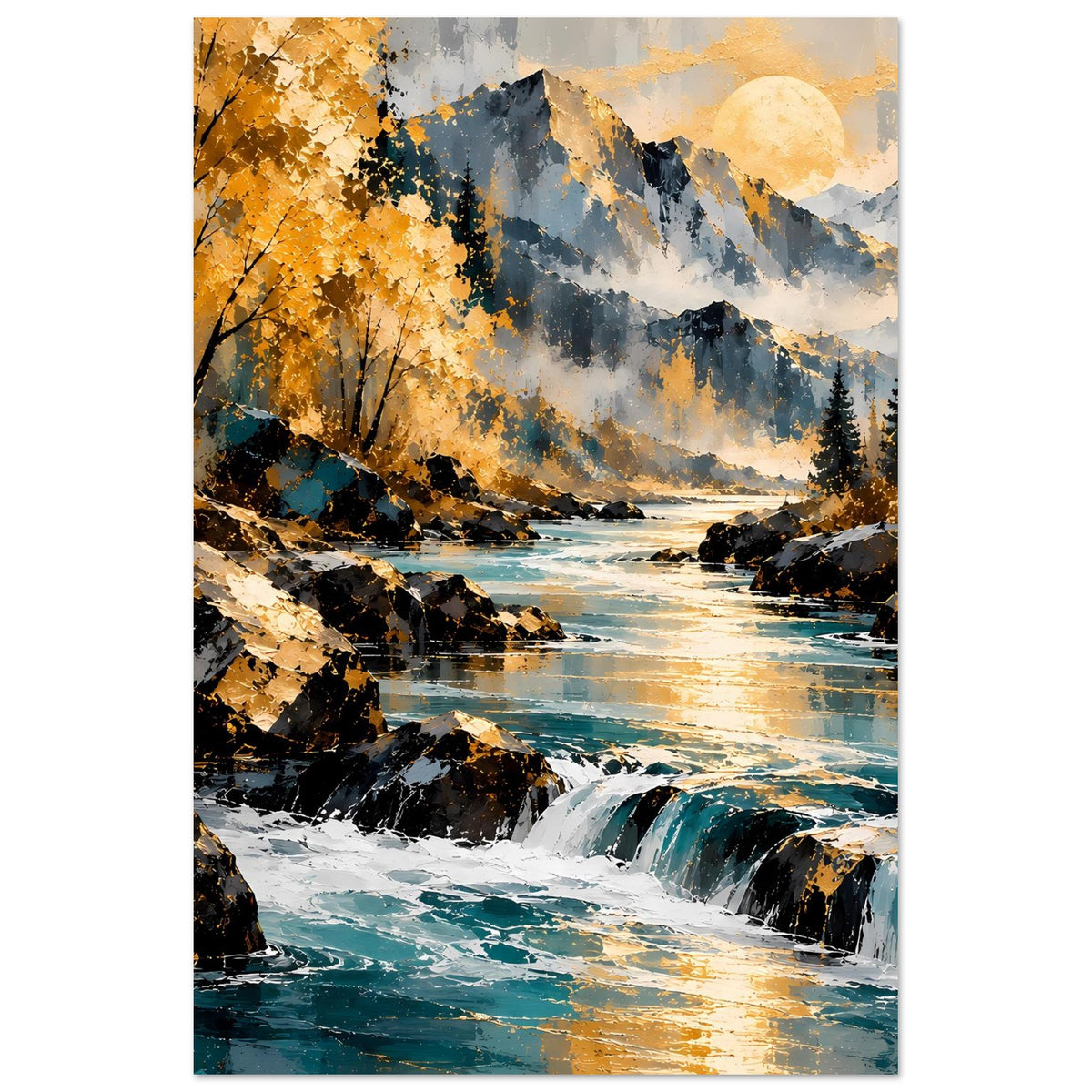 Herbstlandschafts-Poster (hochkant) mit Flusslauf, Wasserfall, goldenem Laub und Bergkulisse