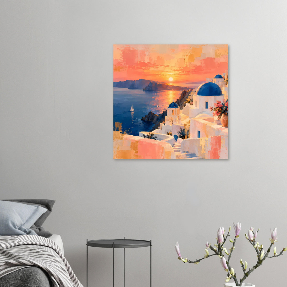 Quadratisches Poster mit Sonnenuntergang, Meer und weißen Häusern mit blauen Kuppeln
