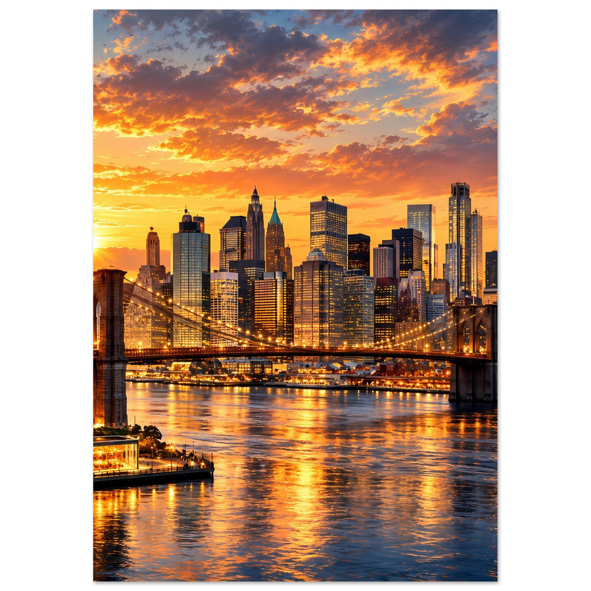 Stadtpanorama-Poster mit Brücke, Fluss und Skyline bei Sonnenuntergang, vertikal.