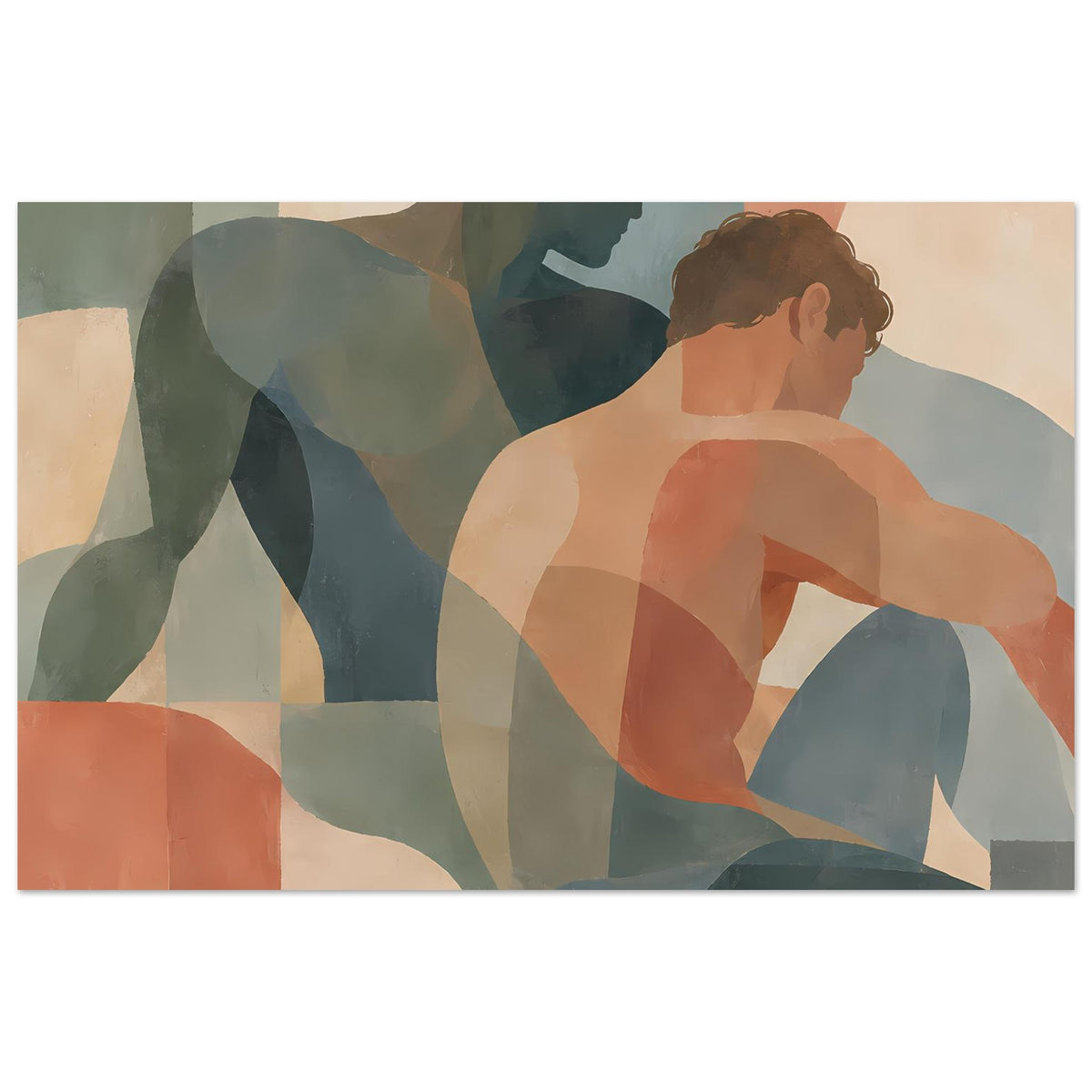 Abstrakter Kunstdruck mit zwei sitzenden Figuren, warmen Erdtönen und modernen Formen, horizontal