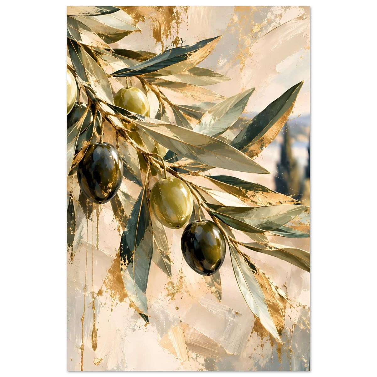 Vertikales Olivenzweig-Kunstposter mit grünen und goldenen Oliven an Zweigen