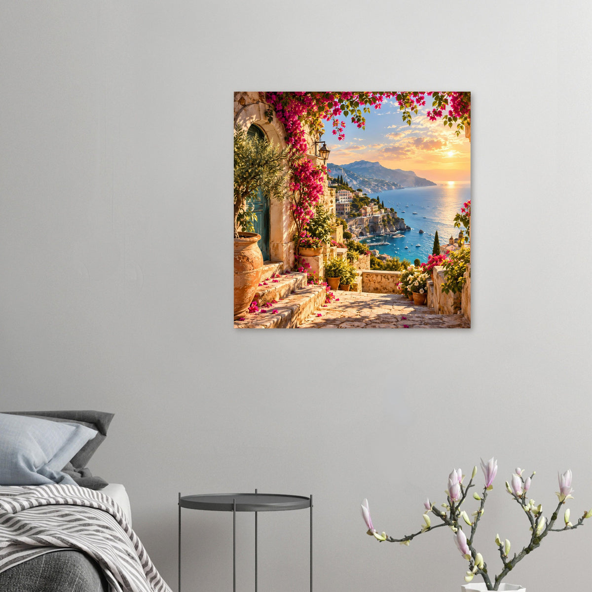 Kleines Küstenlandschafts-Poster an der Wand: Sonnenuntergang, Balkon, Blüten und Meerblick