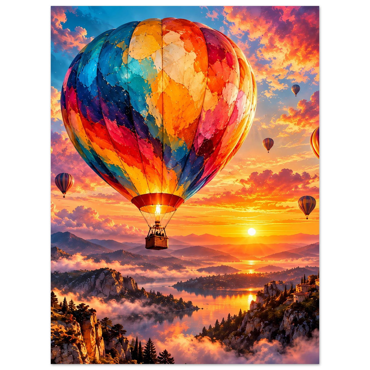 Poster mit Heißluftballon und weiteren Ballons, orangefarbene Wolkenlandschaft