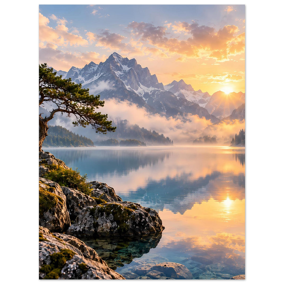 Poster im Hochformat mit Bergspitzen, Sonnenuntergangsfarben und spiegelndem See bei Dunst