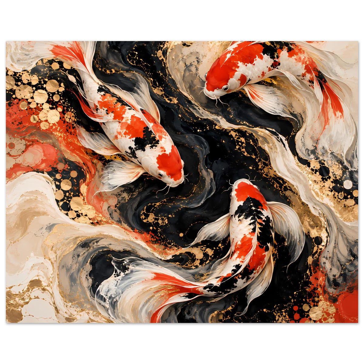 Kunstposter mit Koi-Fischen in Schwarz, Weiß und Rot, goldene Punkte und Spritzer