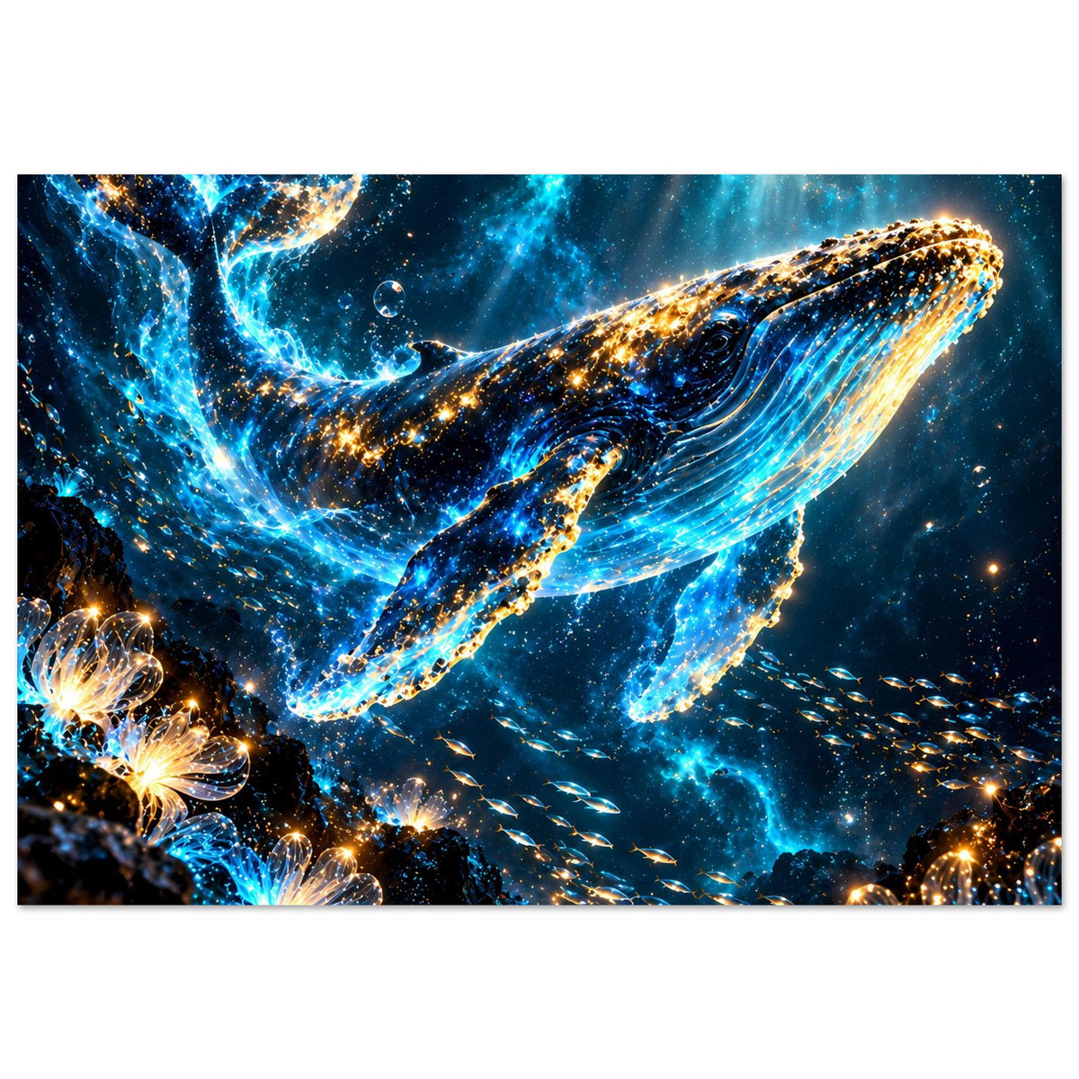 Leuchtendes Meerposter im Querformat: Walmeer-Motiv in Blau und Gold mit glitzernden Partikeln