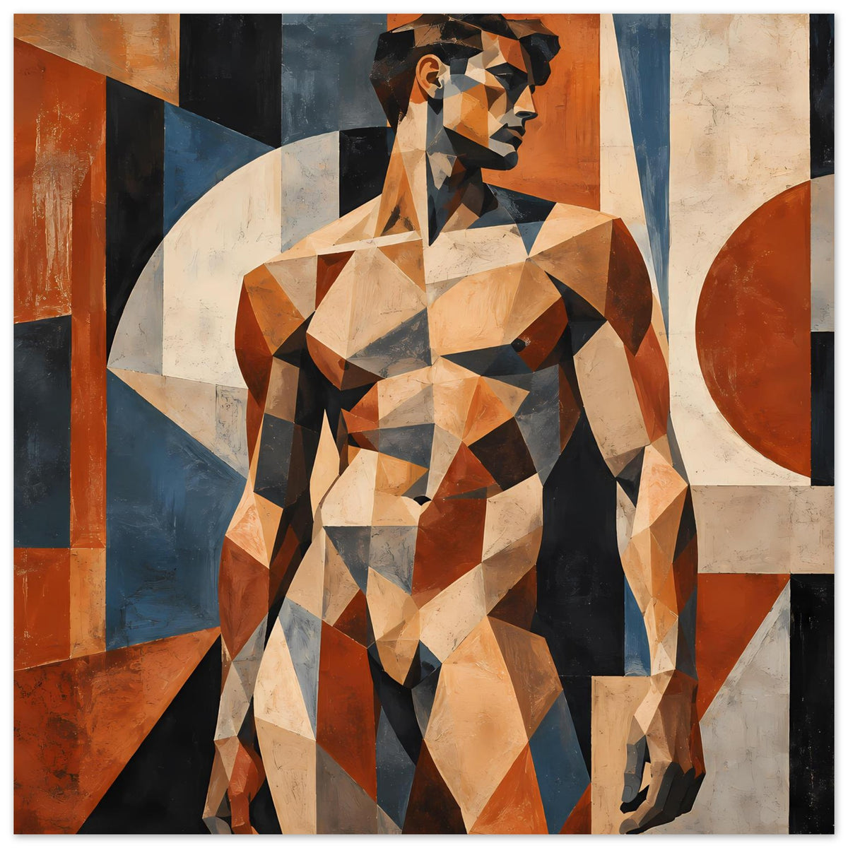 Posterdruck einer geometrischen Aktfigur (Mann) in warmen Erdtönen, abstrakte Formen