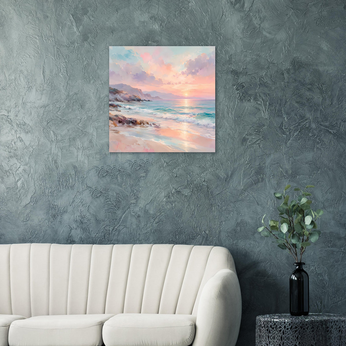 Quadratisches Poster: Sonnenuntergang am Meer, Pastelltöne in Himmel und Wellen.