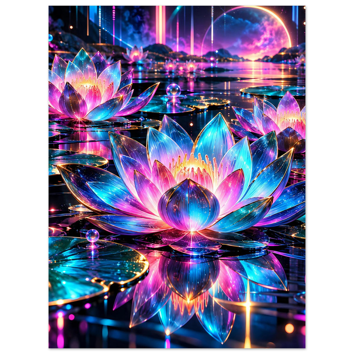 Poster mit leuchtendem Lotus-Motiv, vertikale Ansicht, rosa-blaue Neonblüten und Lichtreflexe