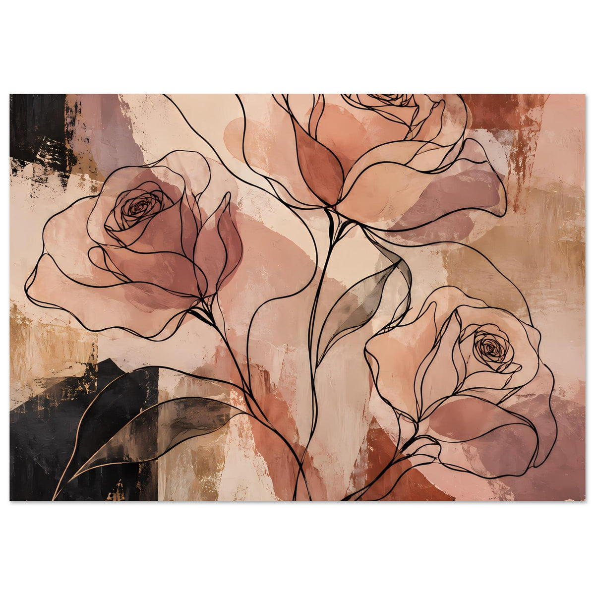 Abstraktes Rose-Poster als Linienkunst in Terrakotta und Erdtönen, schwarz konturiert