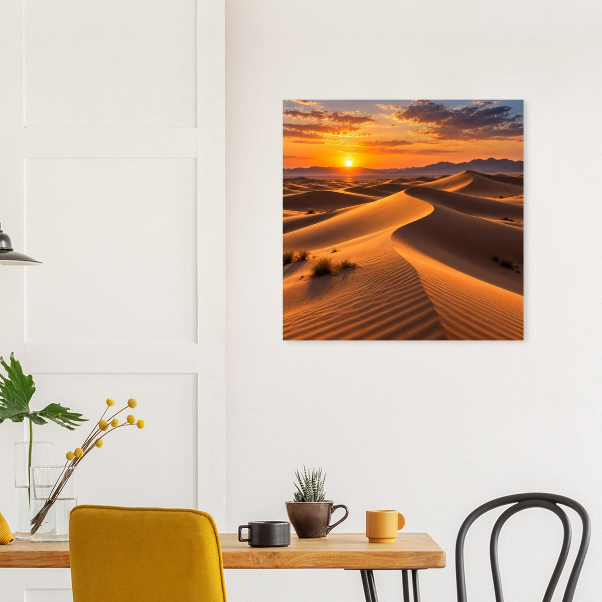 Quadratisches Poster mit Wüstenlandschaft: Sonne beim Sonnenuntergang über Sandwegen
