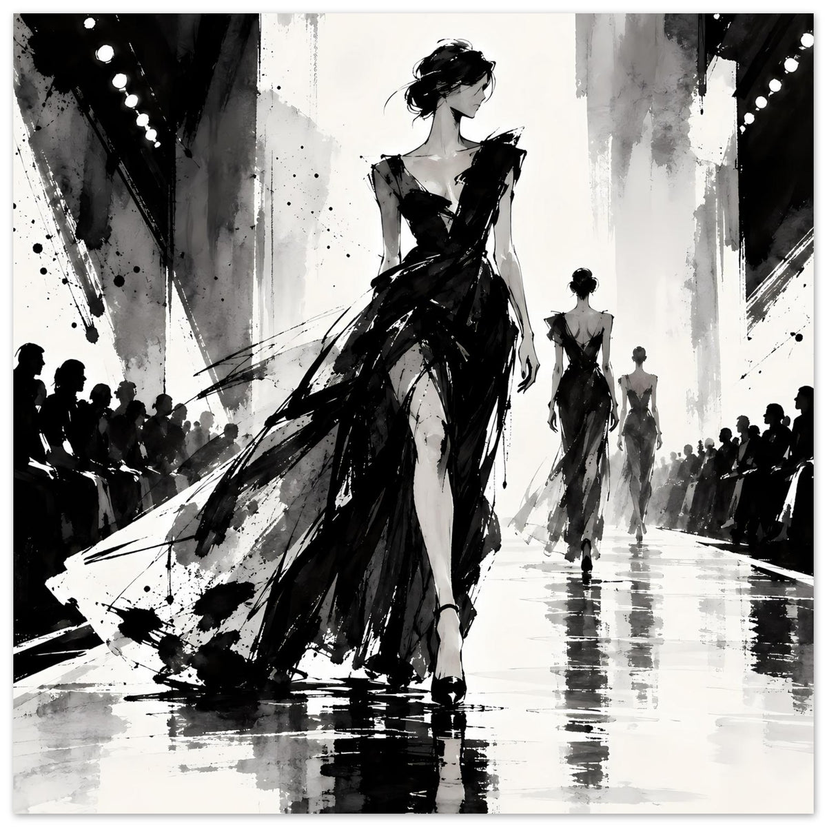 Schwarzweiß-Modeillustration als Poster: Frau im voluminösen Abendkleid, Scheinwerferlichter links.