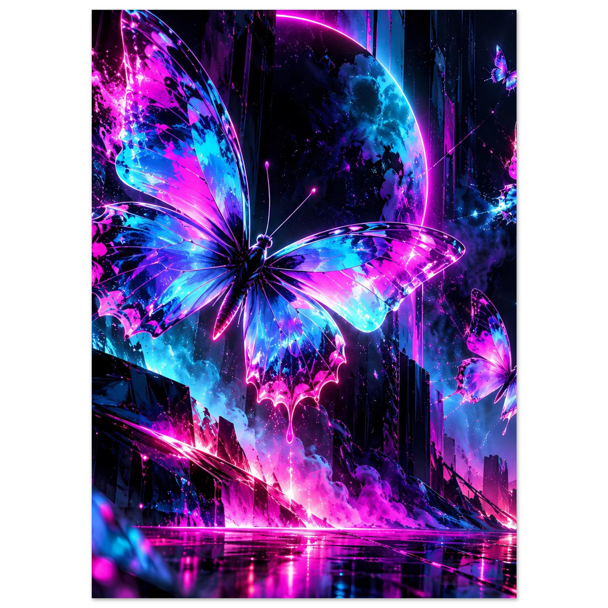Neon-Schmetterlingsposter, vertikal: Schmetterlinge in Blau, Pink und Lila über Nebel und Lichtern