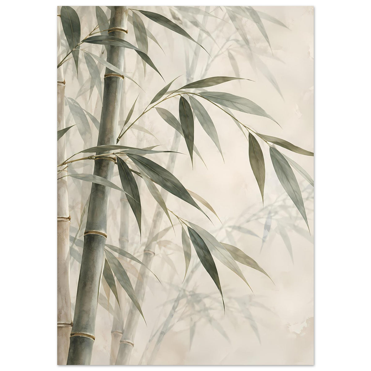 Poster mit Bambusstamm und überhängenden grünen Blattzweigen, helles Naturmotiv