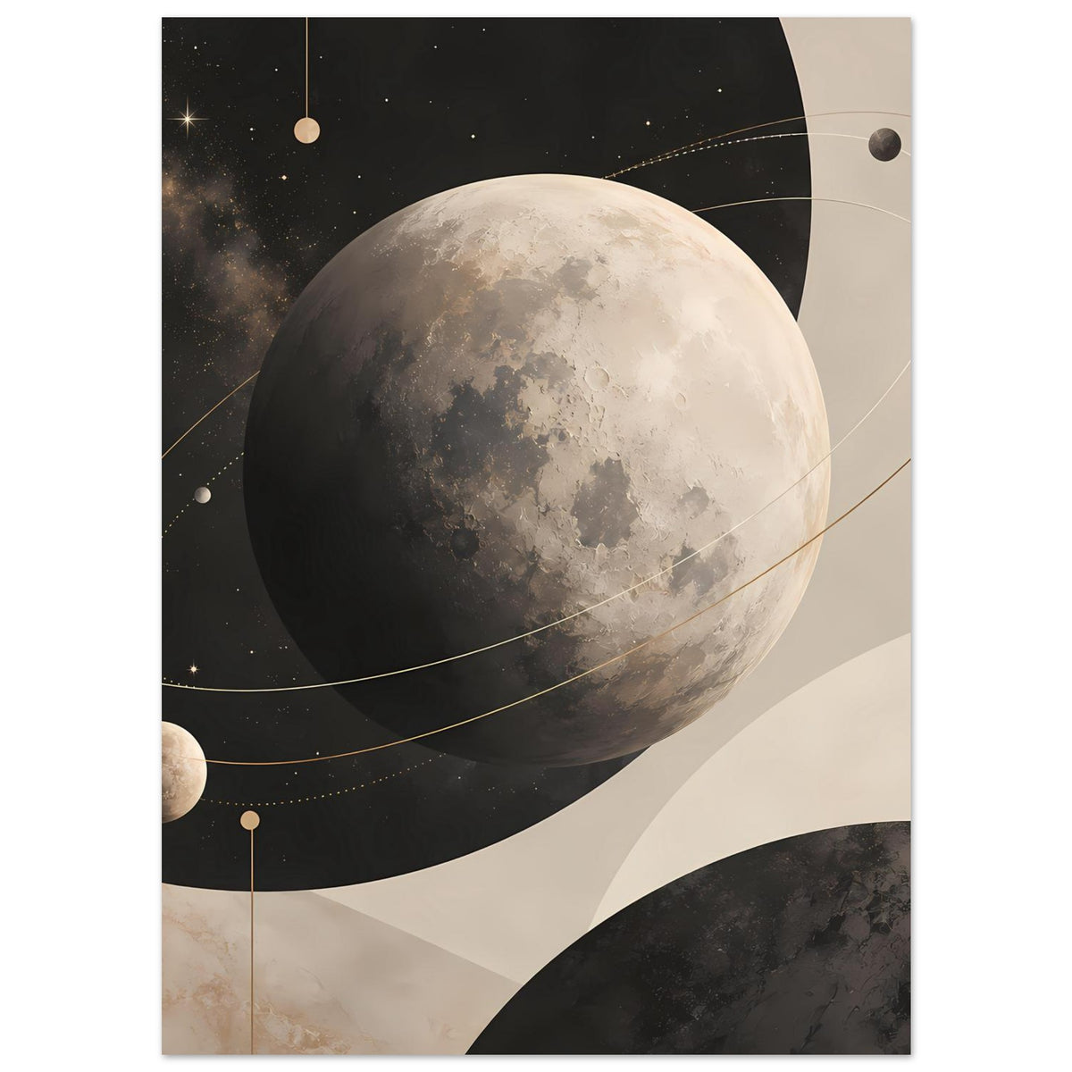 Poster mit Mond und Sternpunkten, goldene Linien und Kreise auf beigem Hintergrund