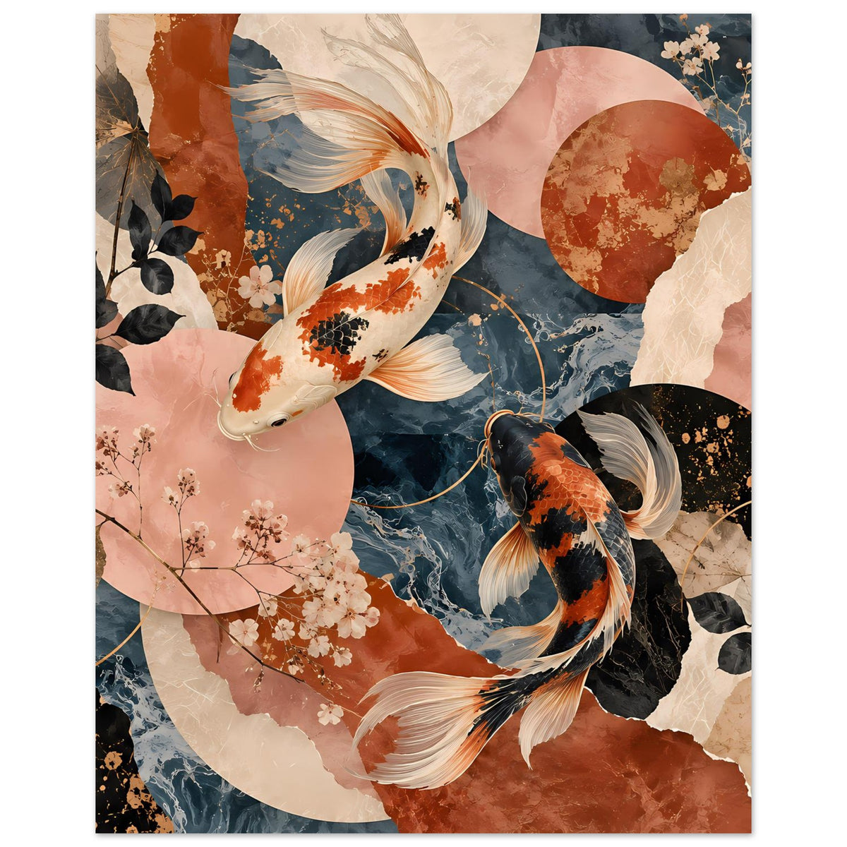 Koi-Fische-Poster mit zwei Koi-Fischen und Blütenzweigen, warmes Terrakotta, dunkles Blau