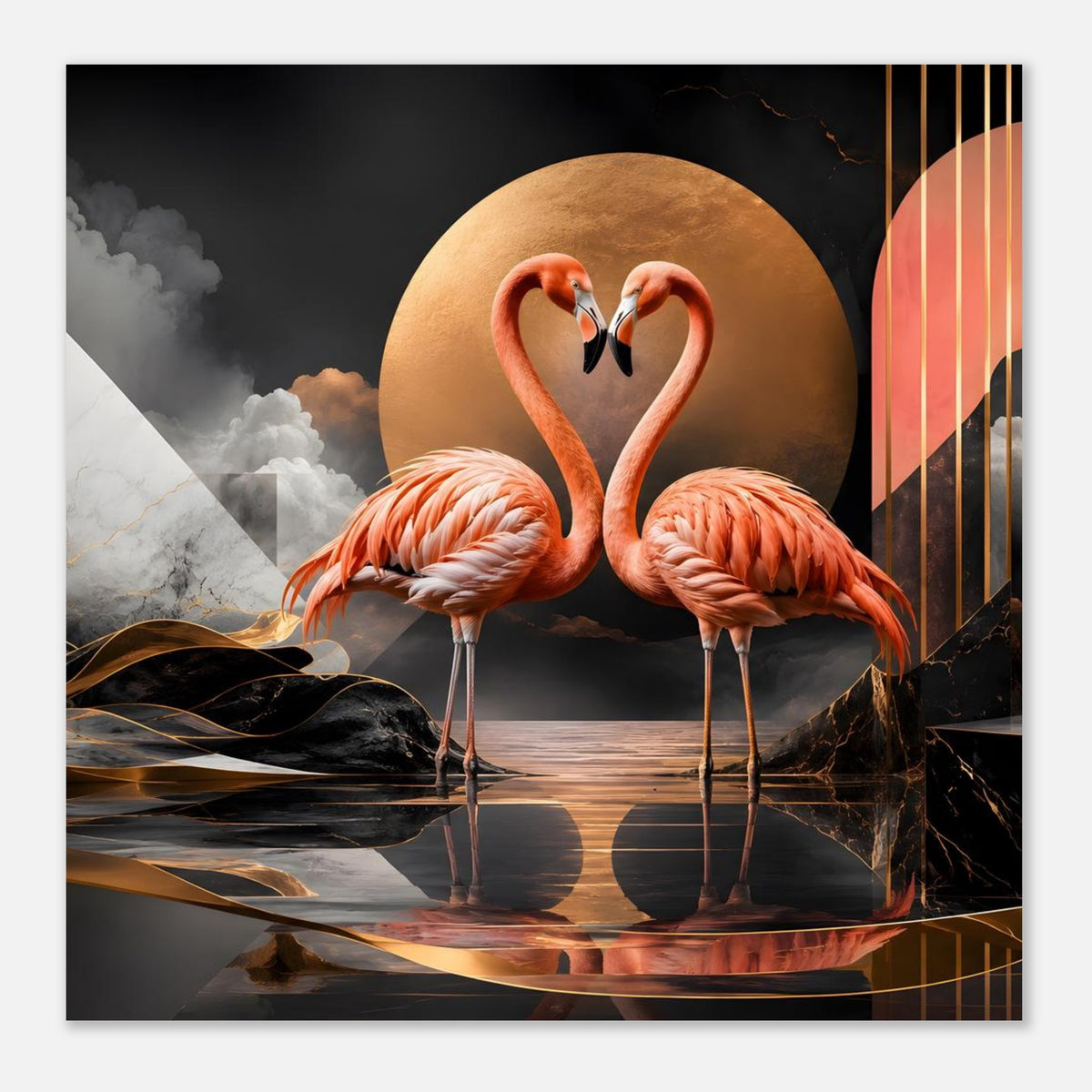 Kunstposter mit zwei Flamingos in Herzform, goldener Kreis mit orangefarbenem Rahmen rechts