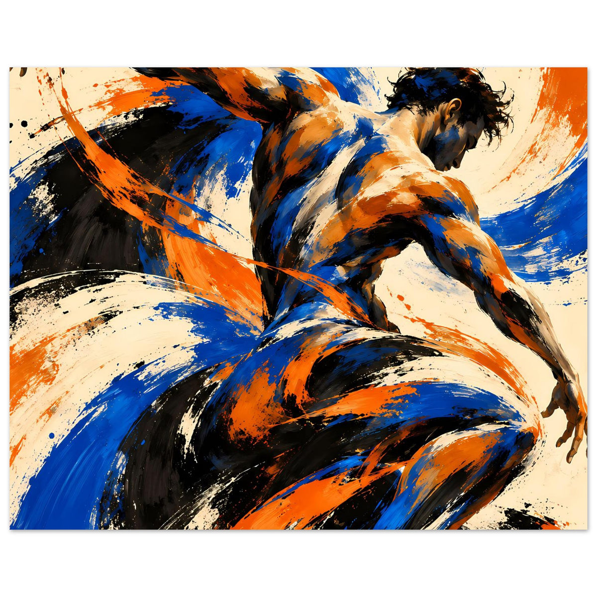 Abstraktes Kunstposter, angeschnittene Aktfigur mit Pinselstrichen in Blau und Orange