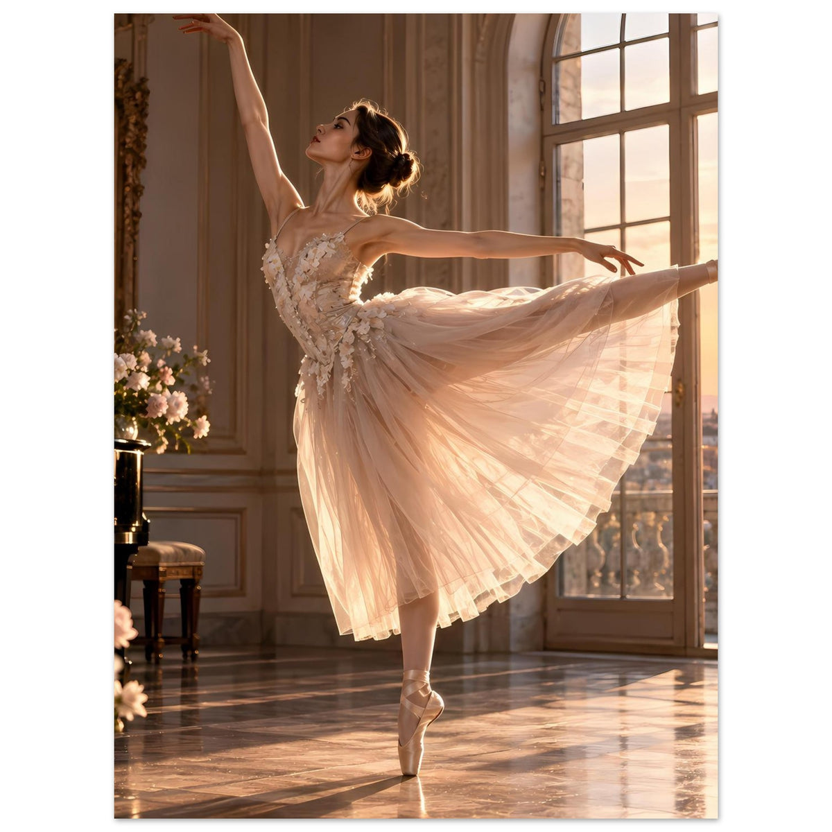 Poster mit Ballerina im hellen Tüllkleid, Drehpose mit weit schwingendem Rock, Arme oben
