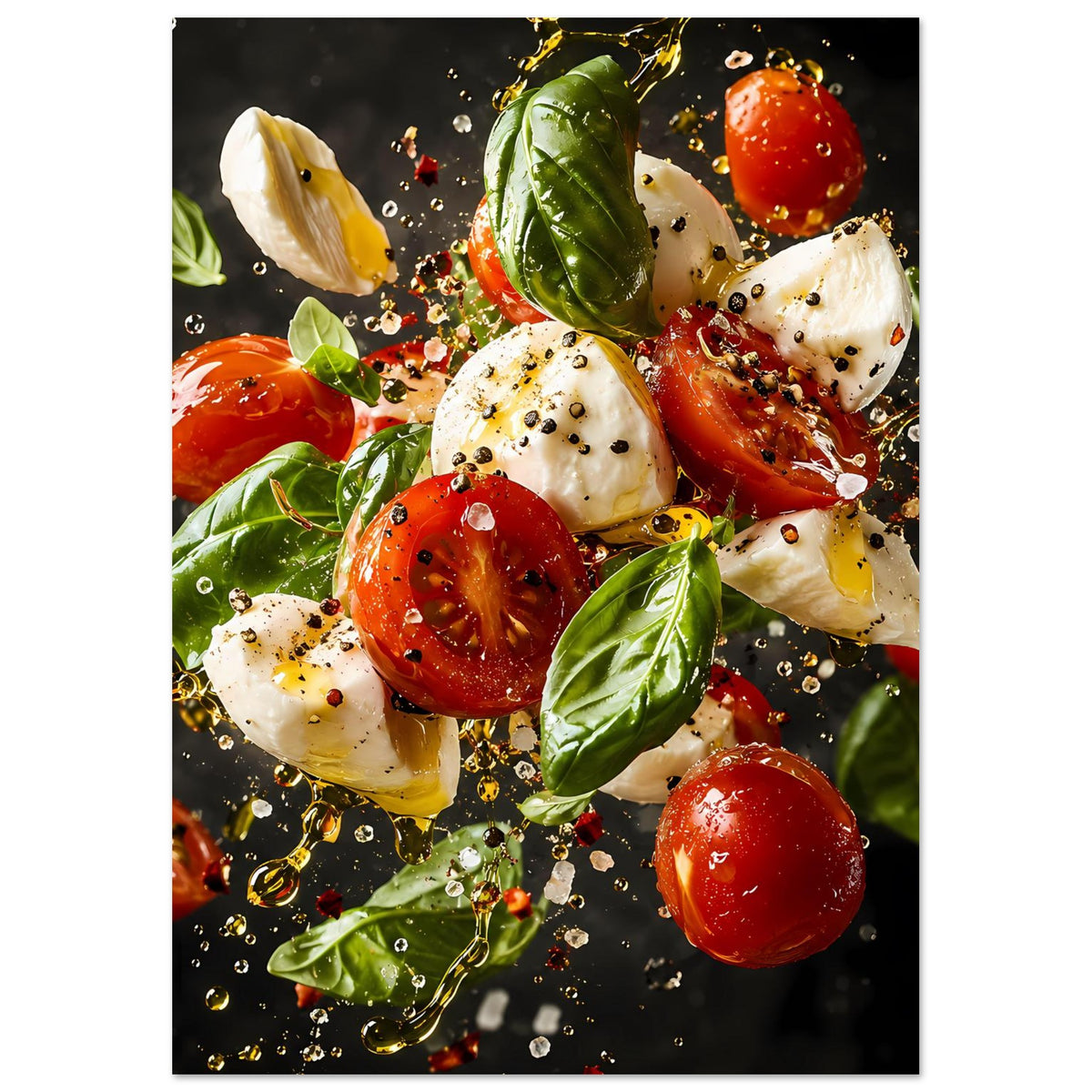 Caprese-Salat-Artposter im Hochformat: Tomaten und Mozzarella mit Basilikumblättern