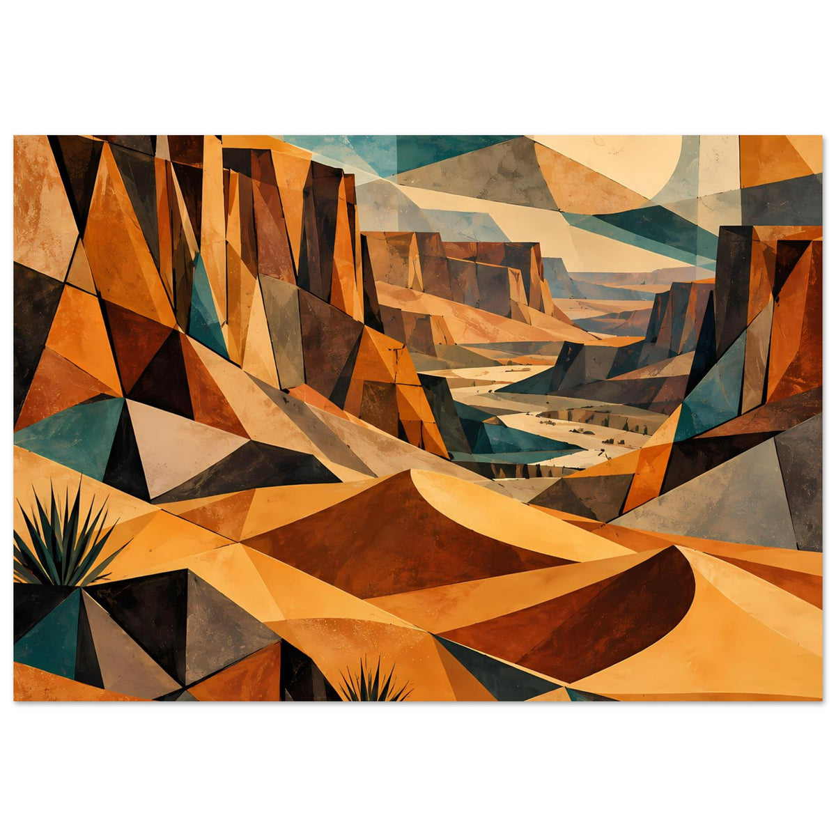 Geometrisches Wüstenlandschafts-Poster, horizontales Motiv mit Kaktus, Ocker-Braun, Blau, Mond